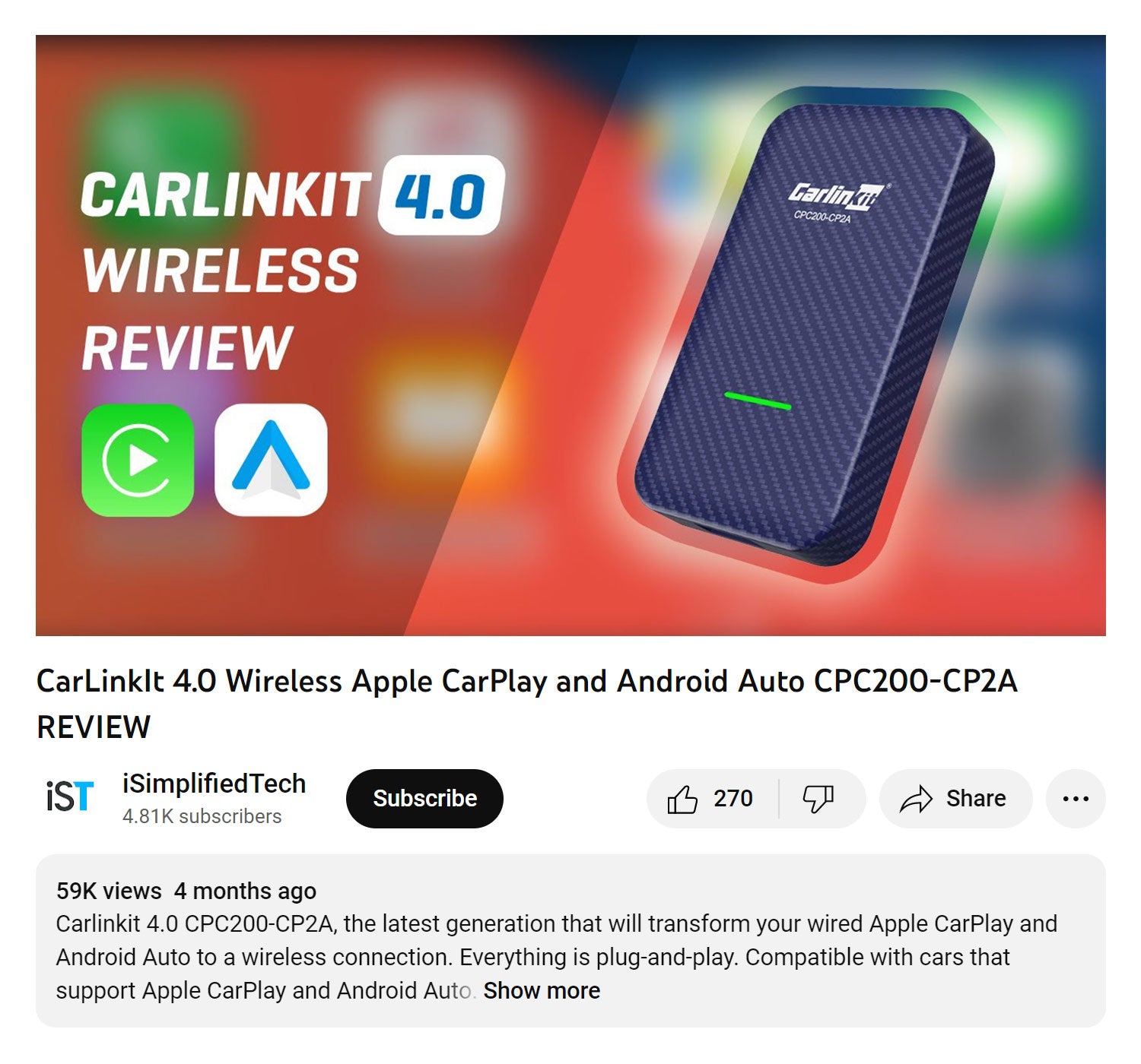 CarLinkIt 4.0 Wireless Apple CarPlay and Android Auto CPC200-CP2A
